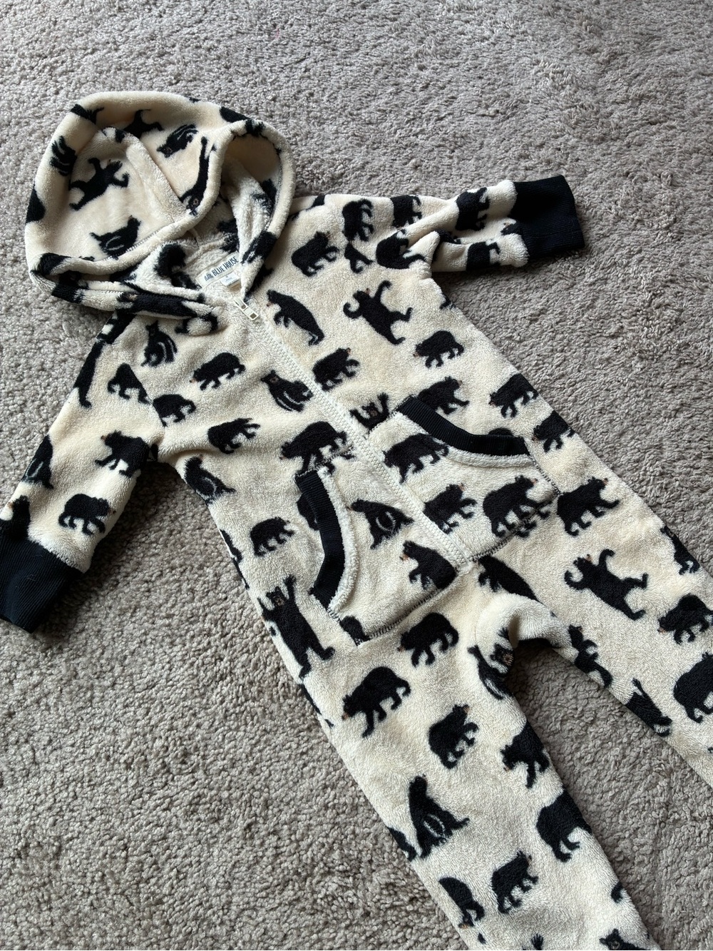 Little Blue House Cozy Bear Hooded Jumpsuit in Cream and Black Grizzly Bear